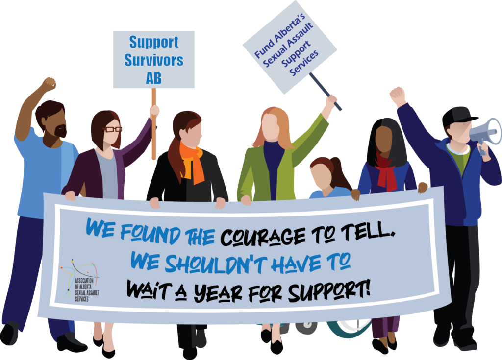 Stylized drawing of seven people, all without clear facial features and of diverse backgrounds and genders, one woman is in a wheelchair. They are holding a banner and signs saying: We found the courage to tell. We shouldn't have to wait a year for support. Support Survivors AB, and Fund Alberta's Sexual Assault Support Services.